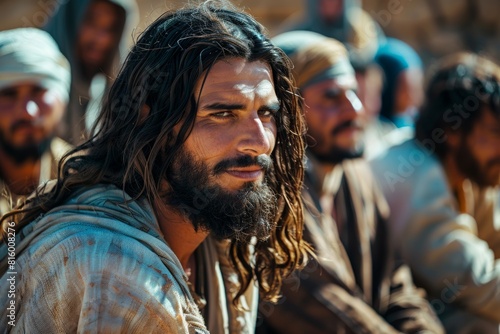 Jesus talking to his disciples in the desert  close up shot of Jesus with long hair and beard wearing simple robes sitting among other men dressed simply  in ancient Jerusalem s desert