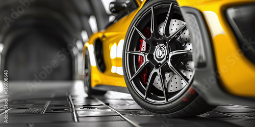 Alloy wheel with calipers and racing brakes of the sport car photo