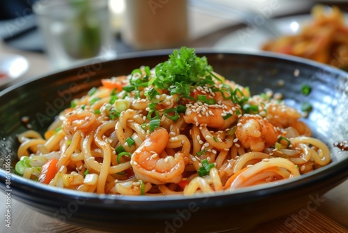 Close-up of a bowl of shrimp udon noodles garnished with sesame and greens