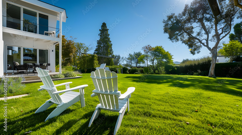 Empty chairs placed in patio by grassy lawn in spacious backyard of modern house against clear blue sky during sunny day : Generative AI