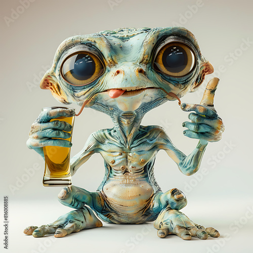 Cute blue cartoon alien with big eyes tastes beer from beer glass with his long tongue, he likes it, holds a thumbs up, alien is happy, 3d illustration, portrait on white background