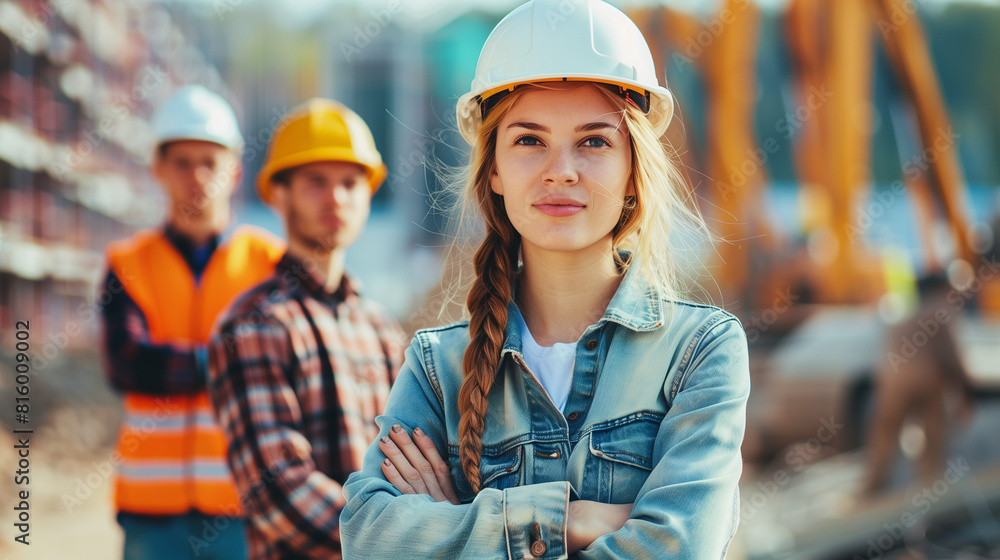 Young Beautiful Construction Worker Portrait with Team in Construction Area - Safety Gear, Hard Hat, Teamwork Young Beautiful Construction Worker Portrait with Team in Construction Area - Safety Gear, Hard Hat, Teamwork