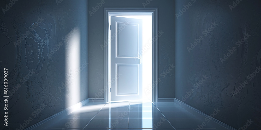 A dark hallway with a white door that is open. The light shining through the door creates a sense of hope and possibility A dark hallway with a white door that is open. The light shining through the door creates a sense of hope and possibility