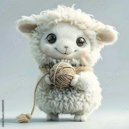 Cute fluffy sheep 3D offering ball of wool yarn, on a white background, funny cartoon character, for advertising wool products photo