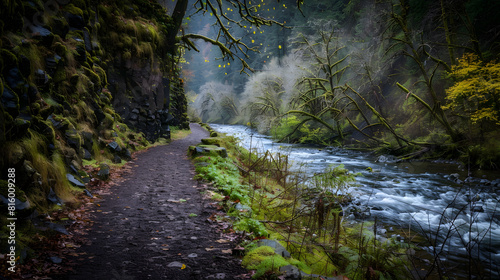 A hiking path along a river in a steep valley with high stone walls Oregon United States of America North America   Generative AI
