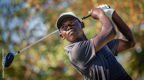 Black man practicing golf sport, person is focused and enjoying the sport, sports photography, generative ai