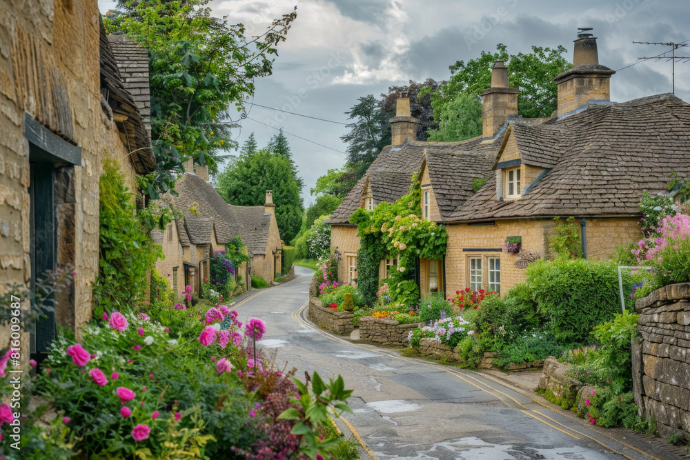 A quaint English countryside village with charming thatched cottages, cobblestone streets, and blooming flower gardens