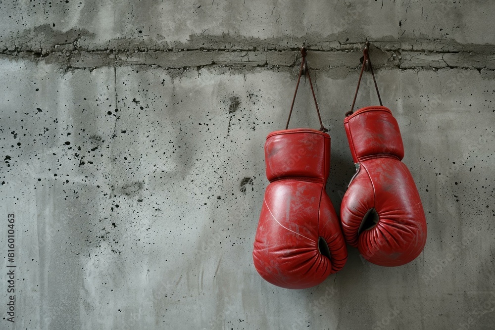 Pair of worn red boxing gloves suspended against a rough concrete wall with visible texture