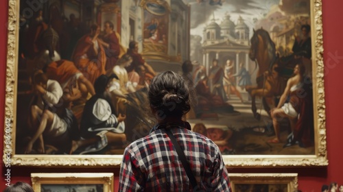 museum visitor admiring renaissance paintings classical art gallery interior back view