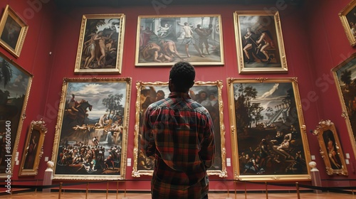 museum visitor admiring renaissance paintings classical art gallery interior back view
