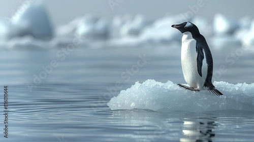 Penguin on an ice floe in the water