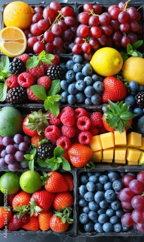 Assortment of fresh fruits and berries colorful background