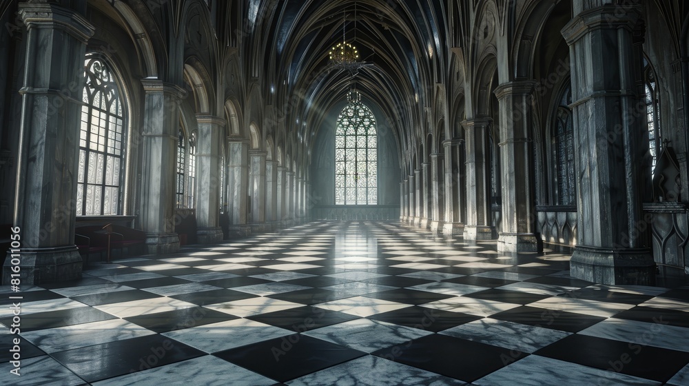 Fototapeta premium Abstract empty big hall dark gothic light room.