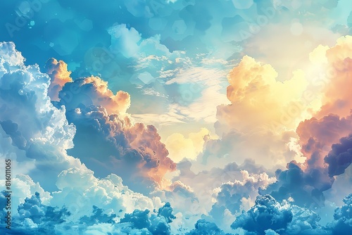 Lovely watercolor blue and yellow sky cloud. Generative Ai
