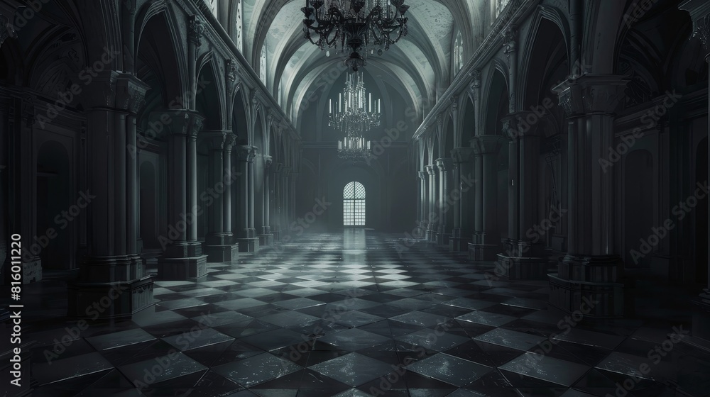 Fototapeta premium Abstract empty big hall dark gothic light room.