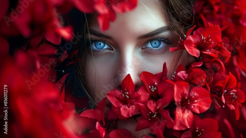 mysterious woman with piercing blue eyes amidst vibrant red flowers artistic portrait