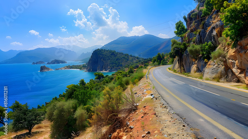 Fototapeta Naklejka Na Ścianę i Meble -  Beautiful nature scenery to travel on the colorful road landscape among the mountains by the sea Traveling in the beach highway landscape during summer vacation Turkey journey in green : Generative AI