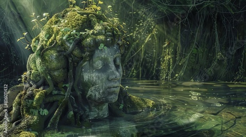 mystical water nymph statue covered in moss and roots digital painting © Bijac
