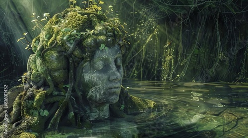 mystical water nymph statue covered in moss and roots digital painting