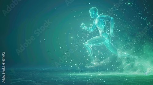 3D render of a human running with anatomy structure and glowing dots in a blue background, concept for sport or fitness, digital technology
