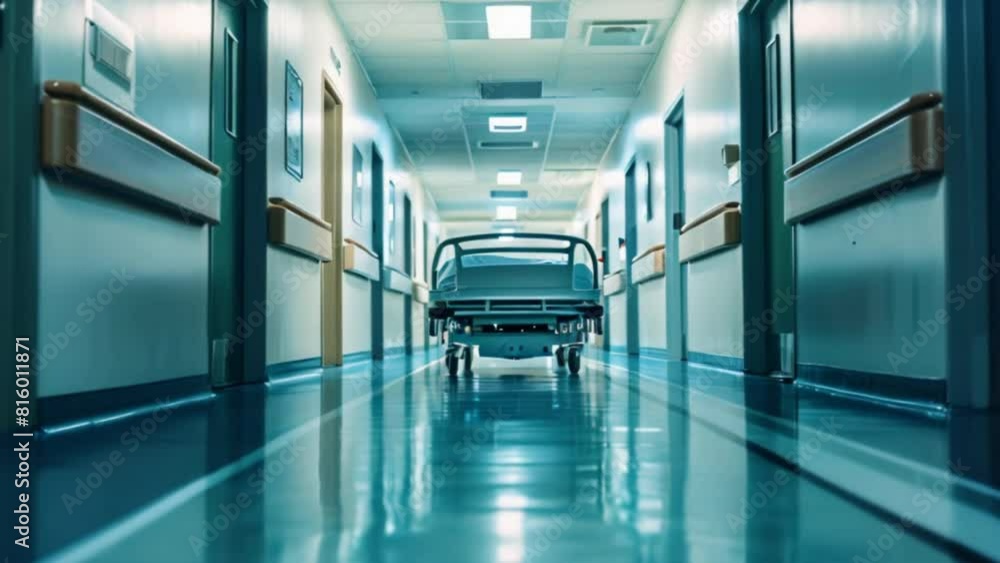 A hospital corridor is filled with emergency beds moving quickly. A hospital corridor is filled with emergency beds moving quickly.