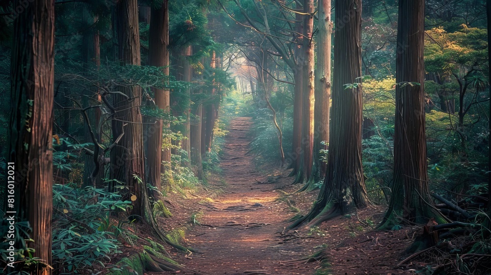 Fototapeta premium natures healing embrace serene forest path promotes mental wellbeing conceptual photography