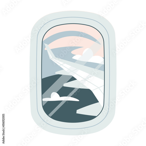 View from the airplane window. Beautiful view of the wing and sky. Vacation, travel around the world. Hand drawn. Colorful flat vector illustration
