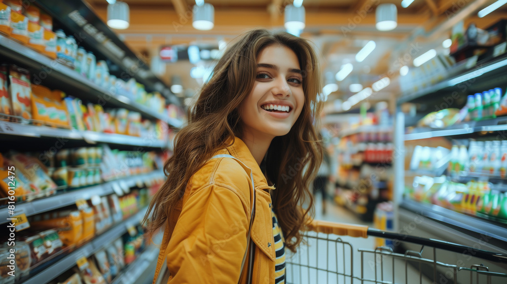 Grocery Shopping Happiness: Smiling Young Woman Joyfully Pushing Shopping Cart in Supermarket – Happy Shopper, Retail Therapy, Consumer Satisfaction