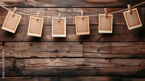 nostalgic memory showcase with blank photo frames hanging on clothesline vintage wooden background sentimental concept