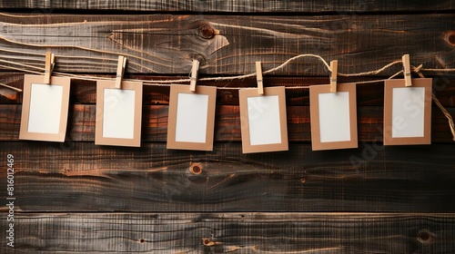 nostalgic memory showcase with blank photo frames hanging on clothesline vintage wooden background sentimental concept
