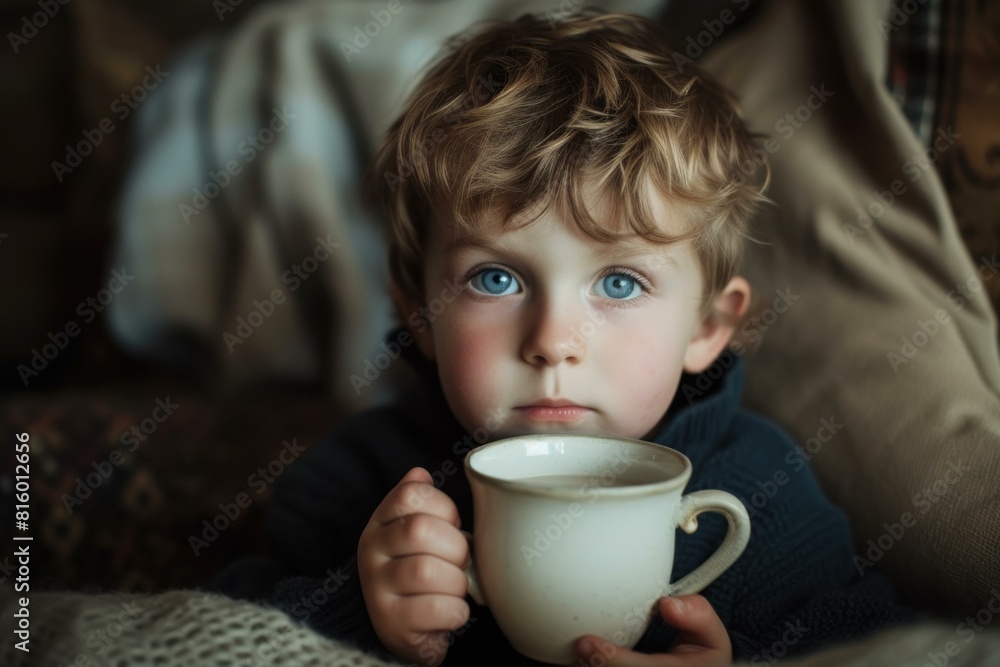 Close-up portrait of a young boy with blue eyes holding a large cup, looking thoughtful