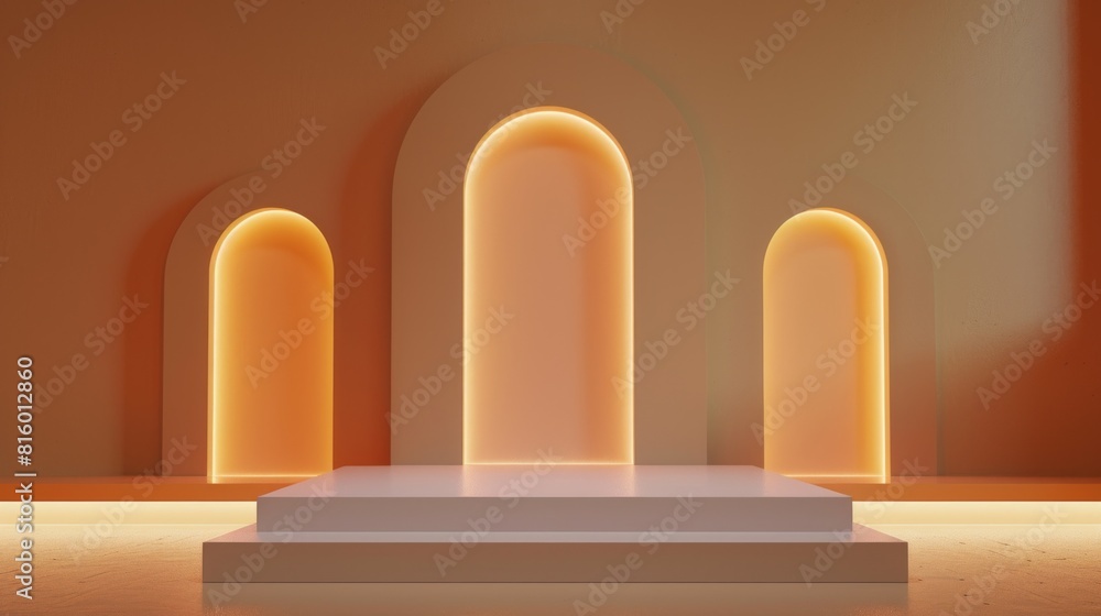 A minimalist interior scene featuring a white podium with three illuminated arches in the background. The arches have a warm orange glow, creating a modern and elegant atmosphere A minimalist interior scene featuring a white podium with three illuminated arches in the background. The arches have a warm orange glow, creating a modern and elegant atmosphere