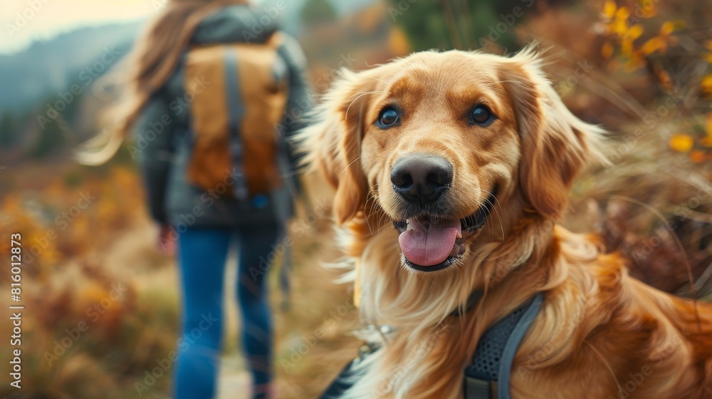 Obraz premium Generate an image of a dog pet and its owner embarking on a hiking adventure