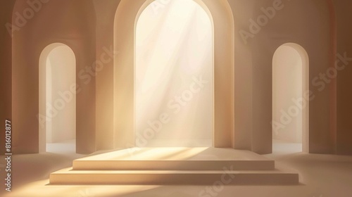 A serene, minimalist interior with soft lighting. The space features arched doorways and steps leading to a bright, illuminated area. The warm tones create a tranquil atmosphere