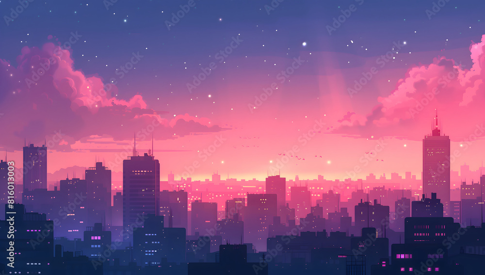 Purple color, city sunset skyline landscape illustration