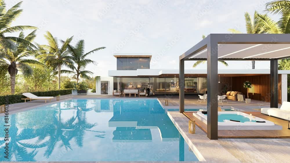 3D illustration of luxurious decor house with huge swimming pool and biocimlatic pergola. Front view horizontal pull shot of villa with palm trees and whirlpool. 3D illustration of luxurious decor house with huge swimming pool and biocimlatic pergola. Front view horizontal pull shot of villa with palm trees and whirlpool.