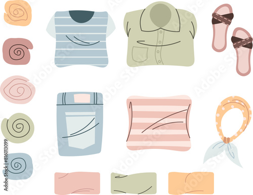 Folded clothes on isolated background. Things for a suitcase. Vacation, travel around the world, adventure. Hand-drawn in trendy style. Colorful flat vector illustration.