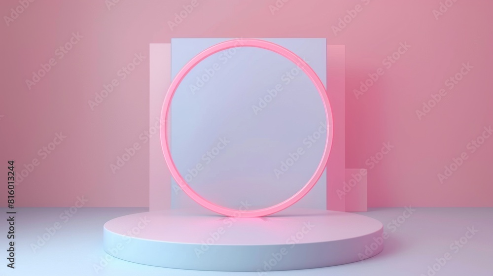 A minimalist abstract scene with a glowing pink neon circle on a white cylindrical platform against a pink and white geometric background A minimalist abstract scene with a glowing pink neon circle on a white cylindrical platform against a pink and white geometric background