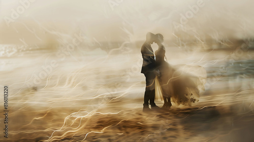 Abstract illustration of groom and bride on the desert. #816013220