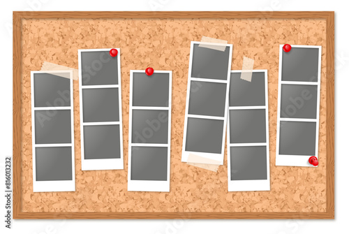 vertical machine polaroids with tape on a  corkboard