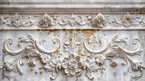 ornate plaster wall texture with embossed floral motifs and golden accents decorative background photo