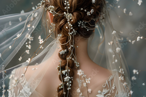 Romantic Bridal Hairstyle with Delicate Flowers and Silver Hairpiece on Long Hair photo