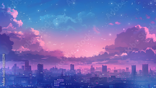 Purple color, city sunset skyline landscape illustration