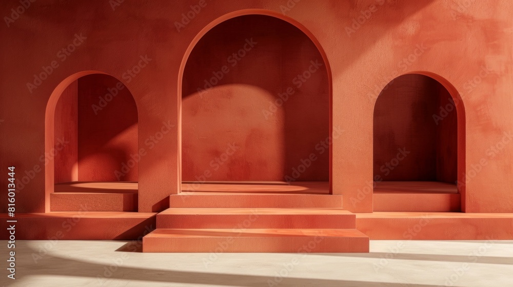 Fototapeta premium Minimalist architectural space with red arches and steps, illuminated by natural light
