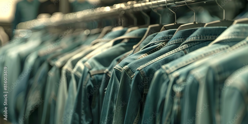 Fototapeta premium Rack with jeans and denim jackets in a clothing store. Concept Clothing Display, Denim Collection, Fashion Retail, Store Merchandising, Trendy Apparel