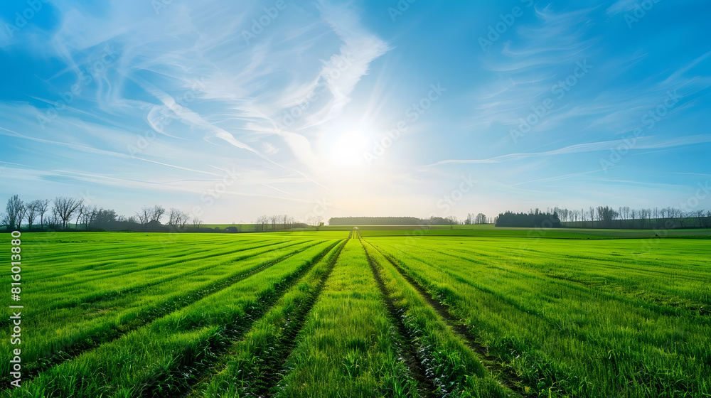 Green field with grass against the blue sky Country road in the middle of a field with winter crops in early spring Sunny weather in the countryside : Generative AI