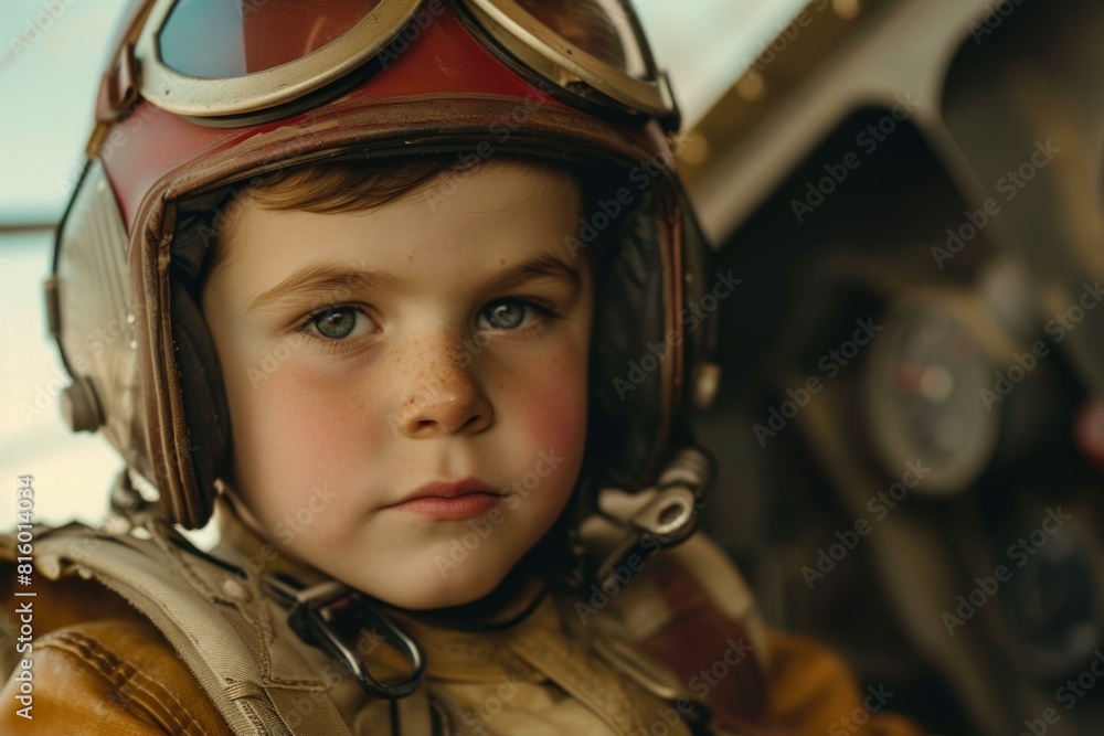 Close-up of a child with a whimsical expression, dressed in retro pilot helmet and jacket Close-up of a child with a whimsical expression, dressed in retro pilot helmet and jacket