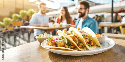 Tacos mit Füllung, im Hintergrund ein Restaurant mit Gästen photo