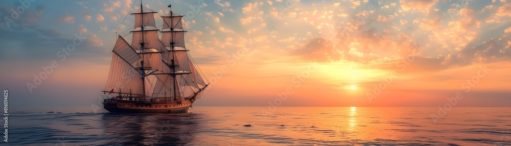 Old Fashioned Sailing Ship Navigating Sunset Seascape Old Fashioned Sailing Ship Navigating Sunset Seascape