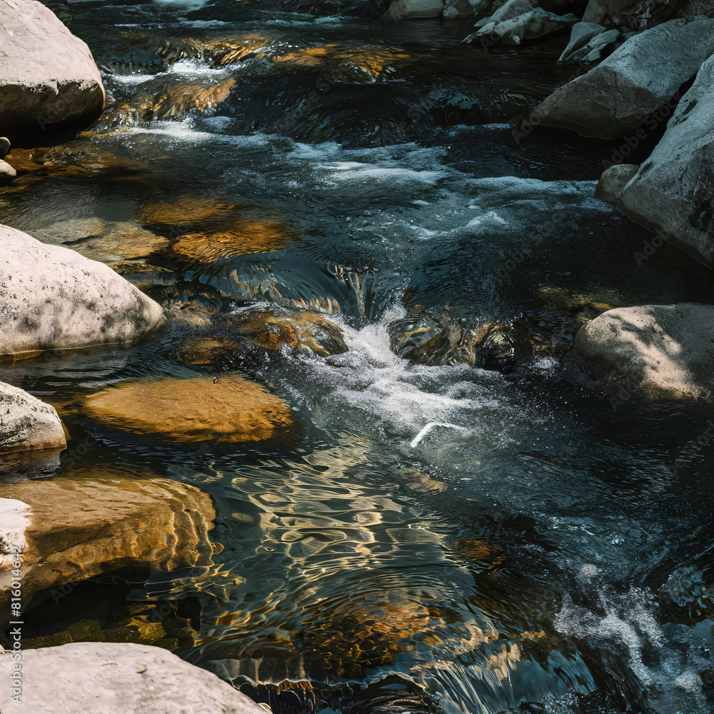Lush green mountains cradle a cascading waterfall flowing into a clear stream Lush green mountains cradle a cascading waterfall flowing into a clear stream
